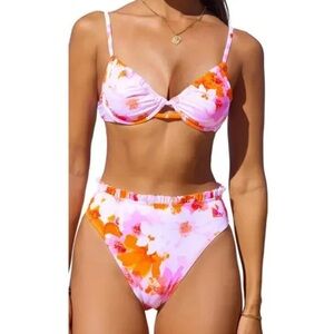 Cupshe Vibrant Floral Bikini in Pink and Orange